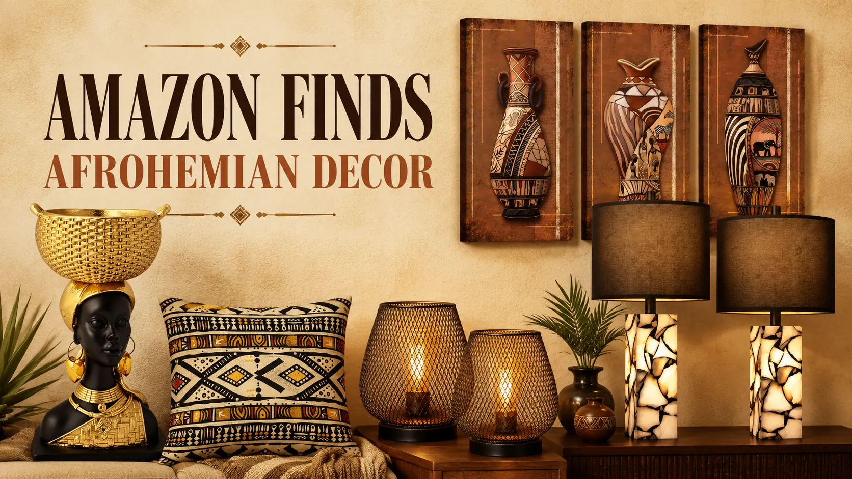 Amazon Afrohemian decor finds arranged with African-inspired artwork, sculpture, patterned cushion, lanterns and statement table lamps.