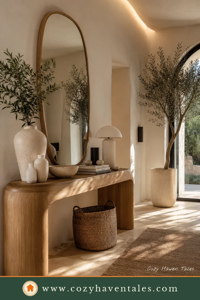 Warm Organic Modern Entryway with Oak Console