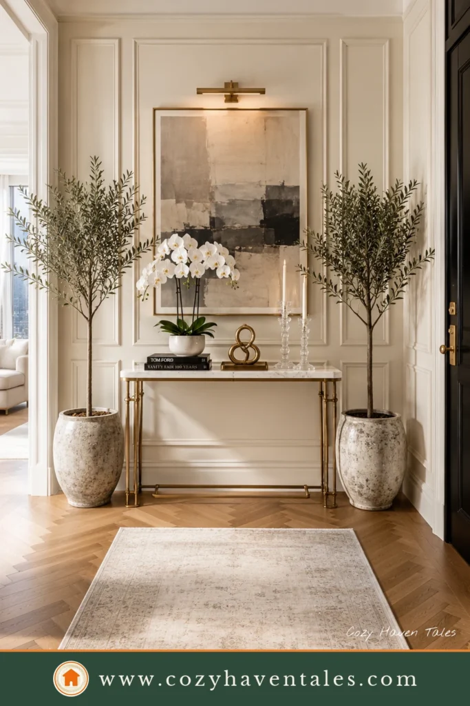 Elegant Upper East Side foyer featuring classic wall mouldings, marble console, oversized artwork, and brass picture lights.