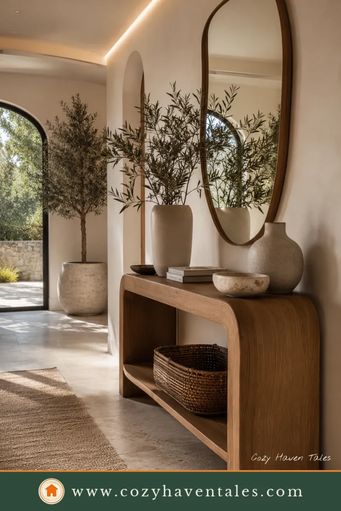 Modern entryway ideas featuring a curved wood console, oversized oval mirror, potted olive trees, and warm oak flooring.