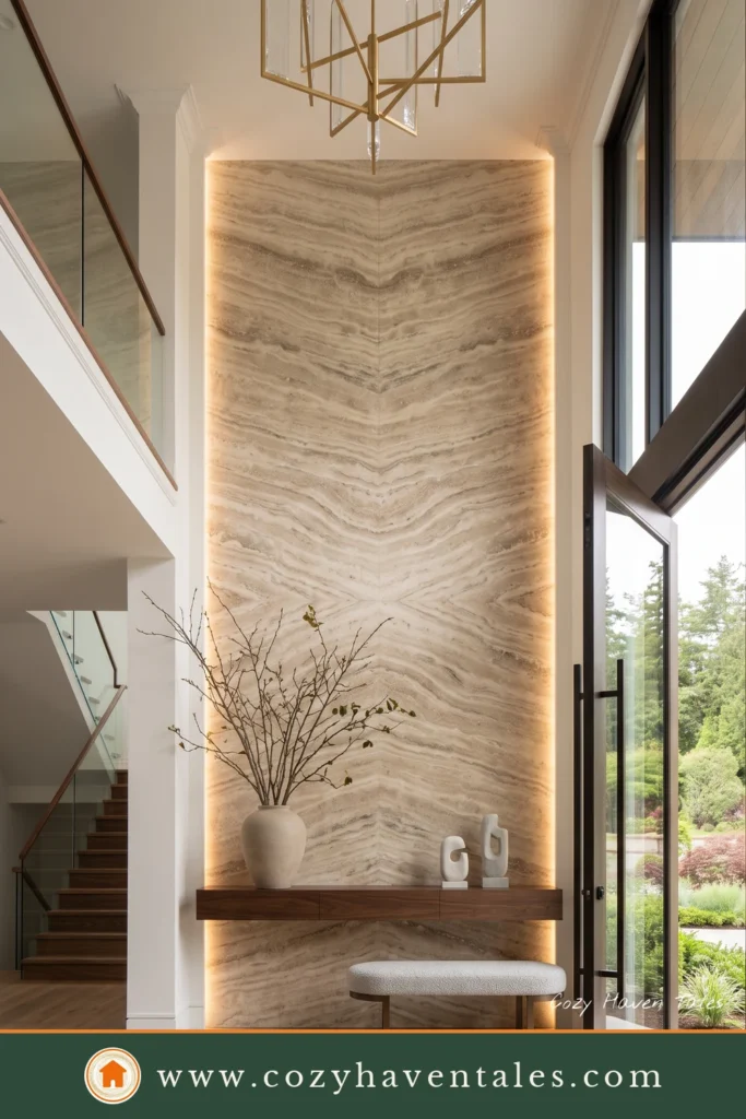 Modern entryway ideas featuring a bookmatched travertine feature wall, floating walnut console, oversized artwork, and designer lighting.