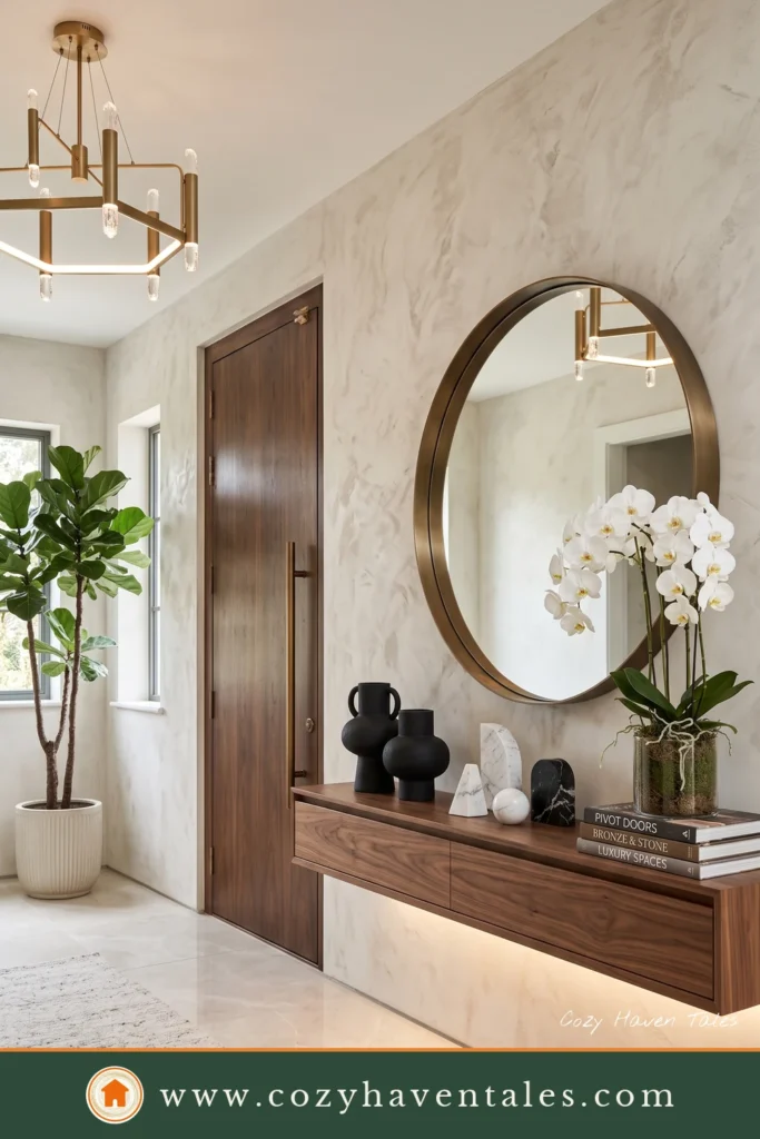 Modern entryway ideas showcasing a floating walnut console, dramatic stone feature wall, oversized mirror, and luxury lighting.