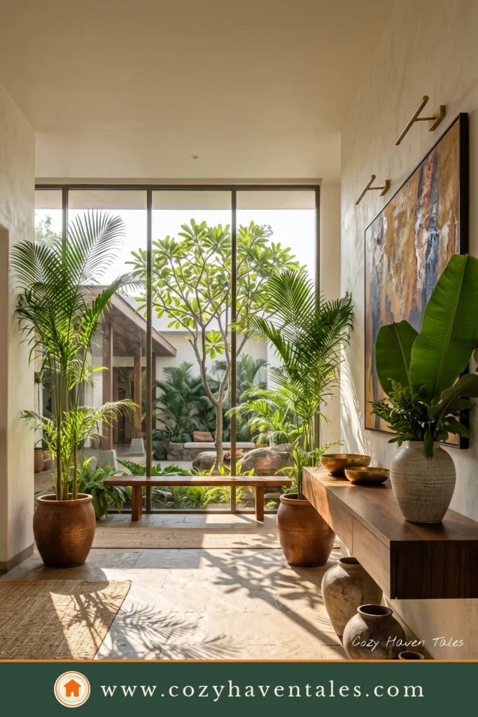 Warm villa entrance with Kota stone flooring, floating teak console, handcrafted pottery, lush greenery, and courtyard views.