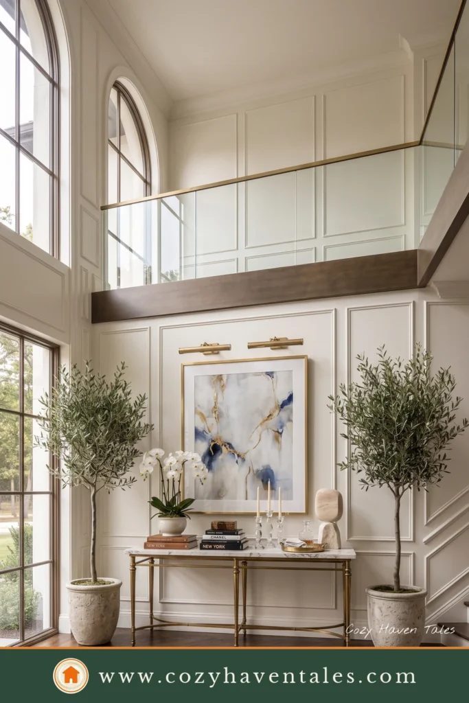 Modern entryway ideas featuring a double-height foyer with tall arched windows, a console table, potted olive trees, and oversized artwork.