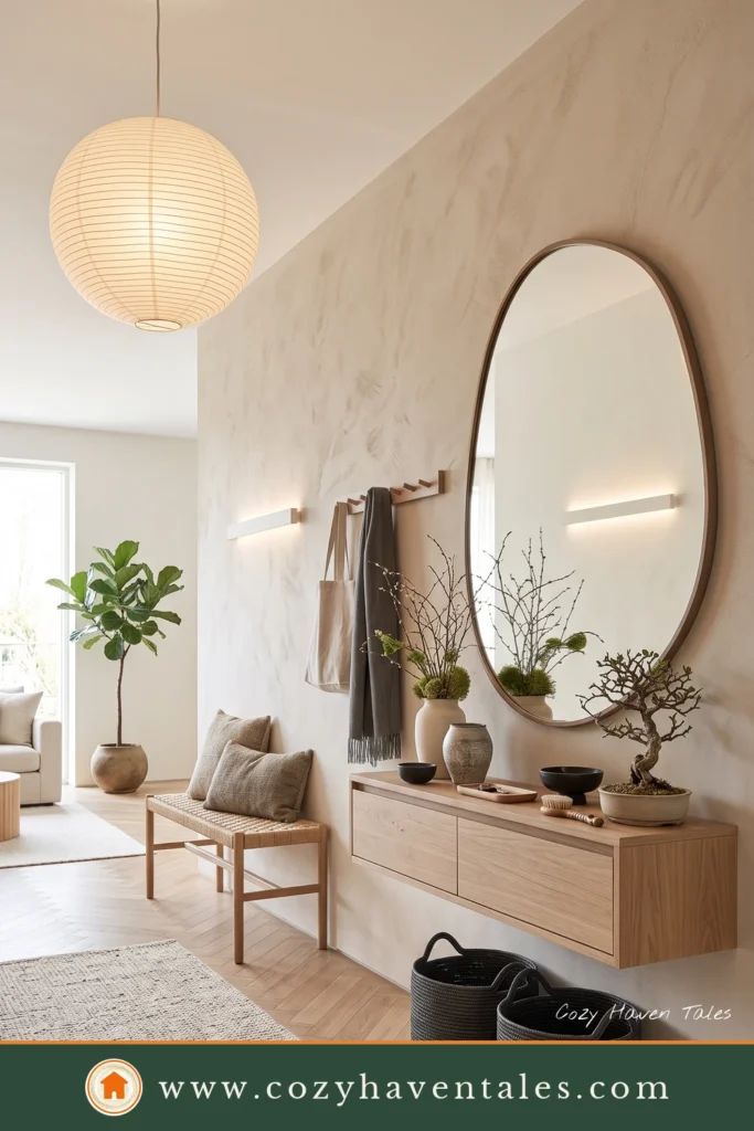 Bright Nordic-inspired foyer with pale oak flooring, minimalist console, woven baskets, sheepskin bench, and soft daylight.