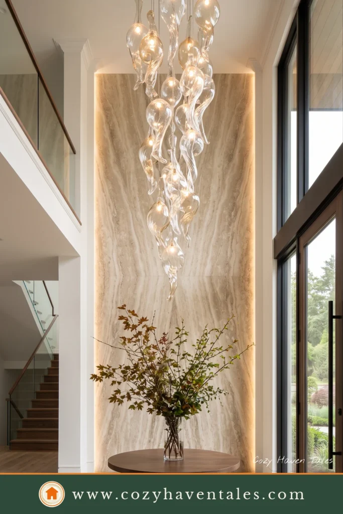 Modern entryway ideas featuring a dramatic sculptural chandelier, pedestal table, soaring ceilings, and elegant modern architecture.