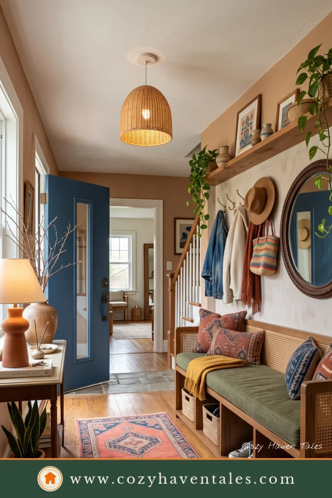 Family-friendly boho entryway featuring a built-in bench, artisan coat hooks, kilim pillows, woven baskets, indoor plants, and practical storage.