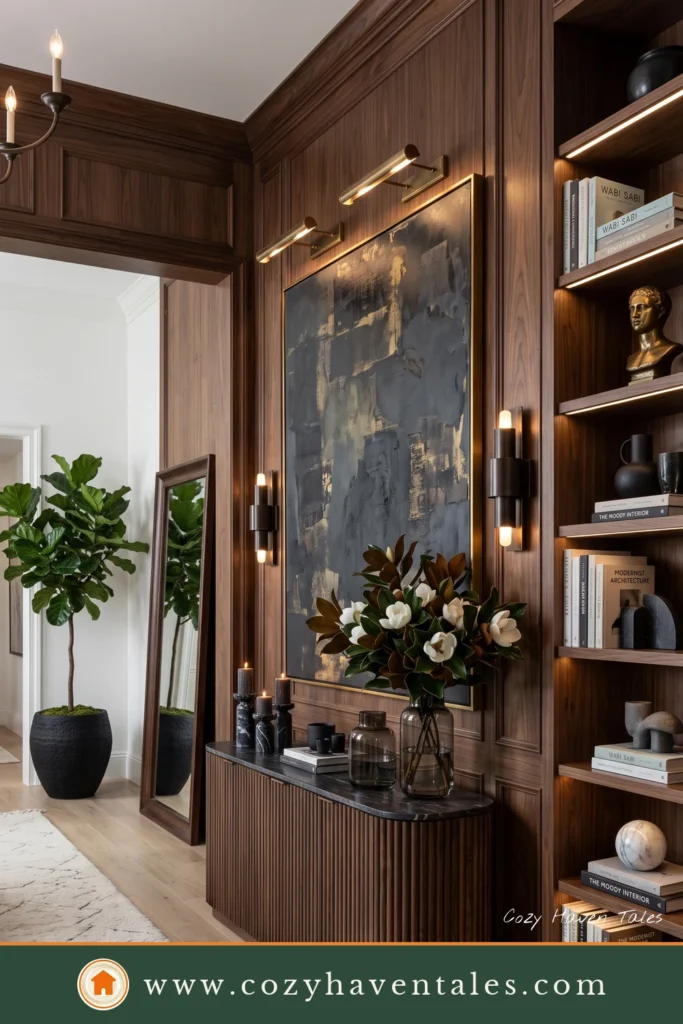 Sophisticated American foyer with walnut paneling, built-in bookshelves, fluted console, oversized artwork, and elegant lighting.