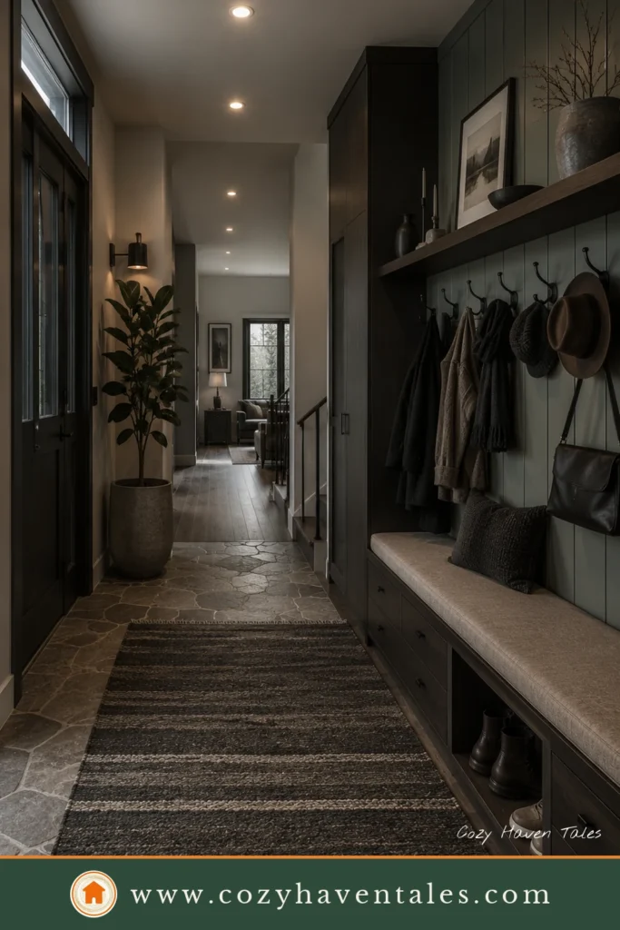 Elegant Nordic foyer featuring built-in cabinetry, a storage bench, matte black coat hooks, stone flooring, and warm layered lighting.