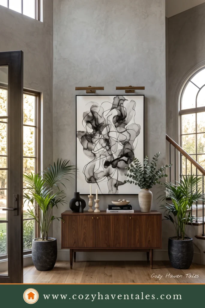 Sophisticated foyer with a dark walnut console, textured canvas artwork, brass picture lights, layered ceramics, and indoor plants.