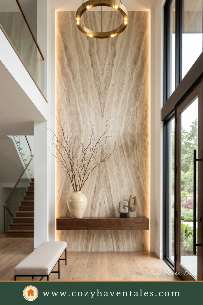 Modern entryway ideas featuring a marble feature wall, a round brass mirror, a floating console, and a minimalist bench.