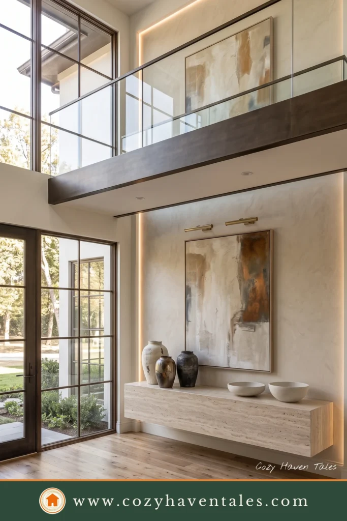 Modern entryway ideas featuring a floating bridge hallway, travertine console, minimalist architecture, and concealed LED lighting.
