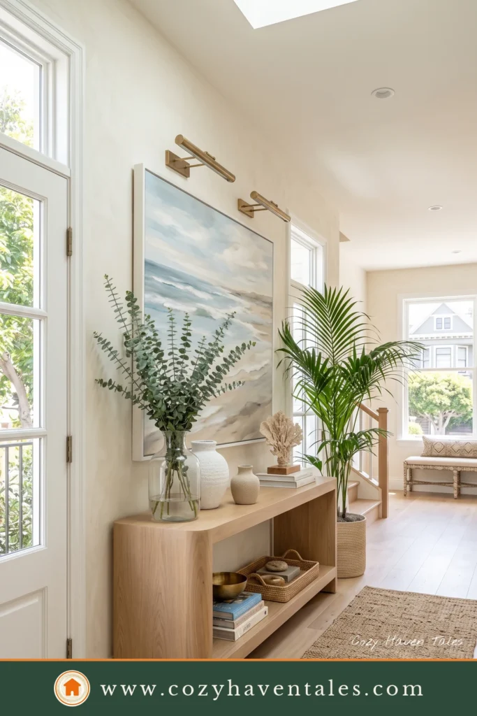 Bright coastal-inspired entryway with a curved oak console, oversized artwork, brass picture lights, eucalyptus branches, and woven natural textures.