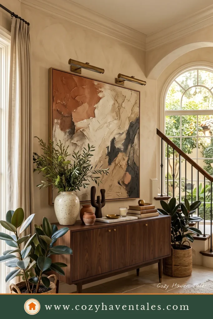 Modern entryway ideas featuring a wood console, oversized statement artwork, an arched window, and layered greenery.