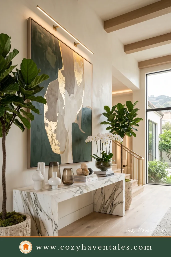 Grand luxury foyer featuring a white marble waterfall console, oversized abstract artwork, orchids, and premium designer accessories.
