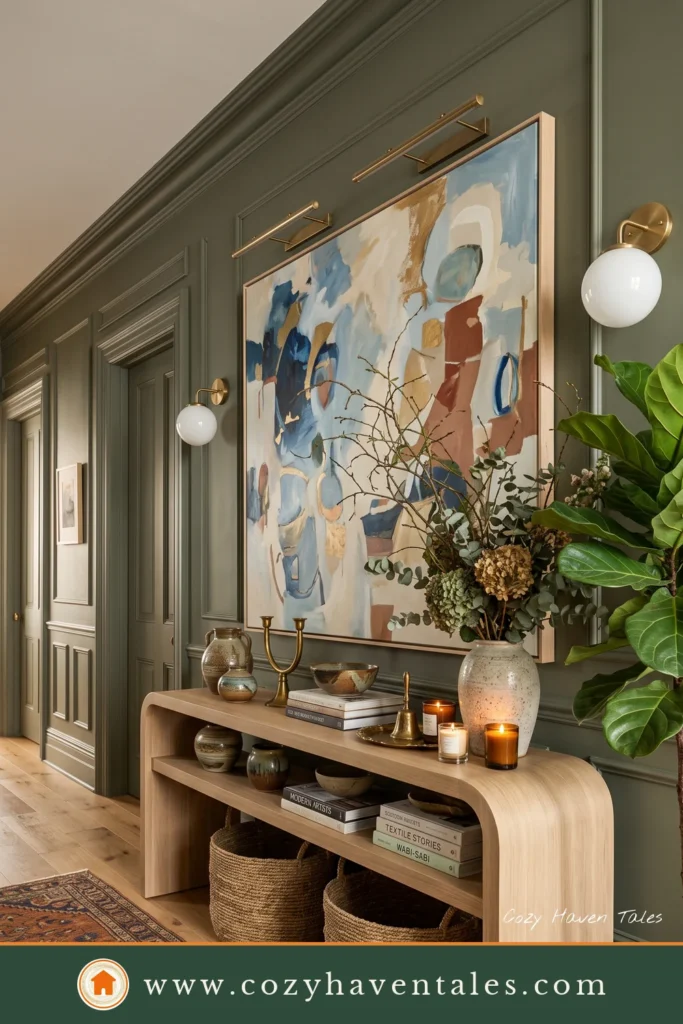 Creative Brooklyn apartment foyer featuring a curved wood console, colorful artwork, artisan pottery, indoor plants, and vintage runner.
