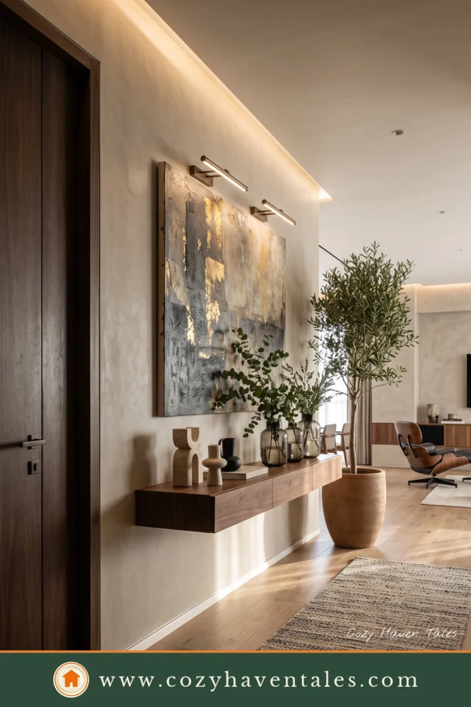 Modern luxury entryway featuring a floating walnut console, textured microcement wall, oversized artwork, and sculptural decor.