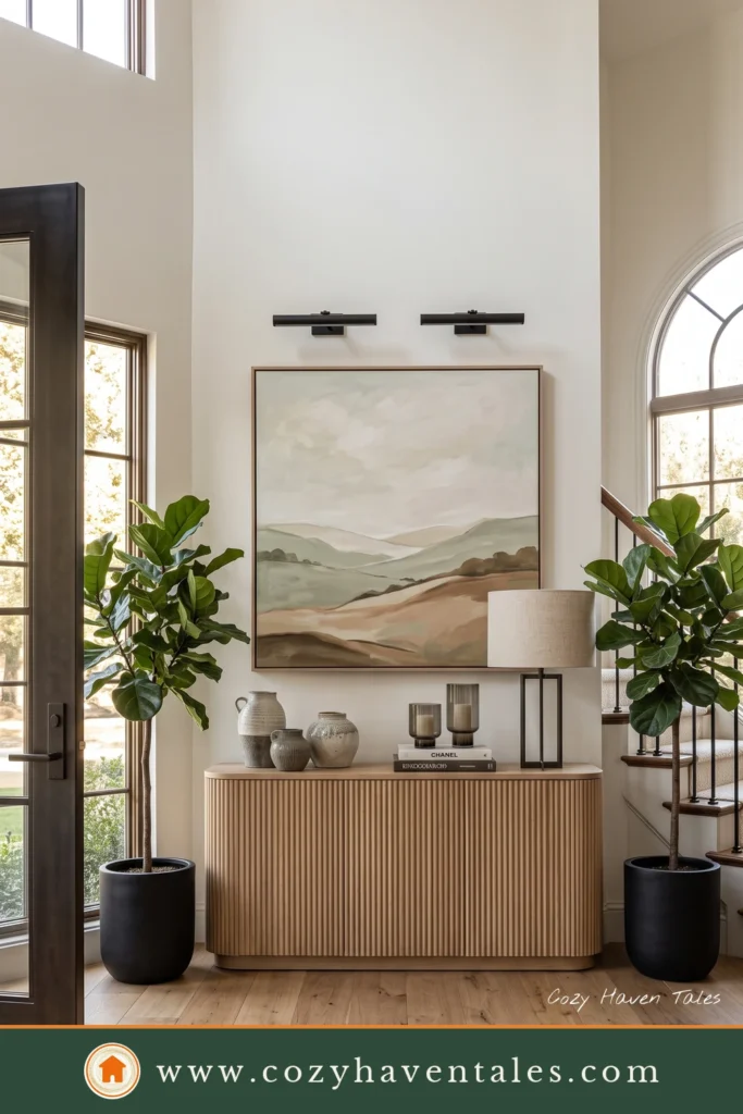 Bright contemporary foyer with a fluted white oak console, oversized landscape artwork, fiddle leaf fig trees, and layered decor.