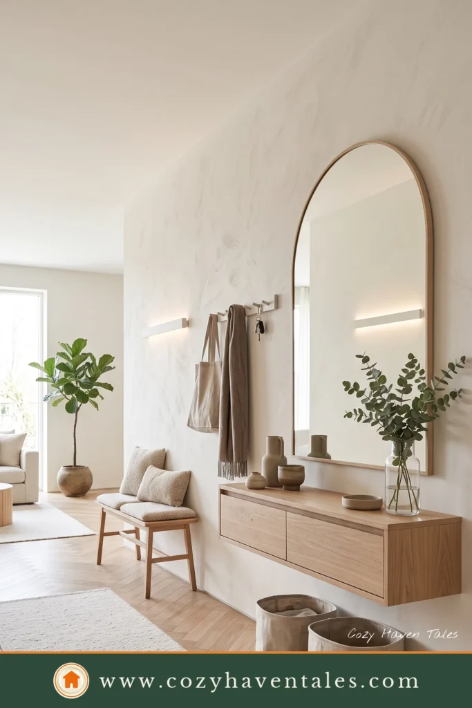 Modern entryway ideas featuring a Scandinavian entryway with a floating oak console, arched mirror, peg rail, and woven baskets.