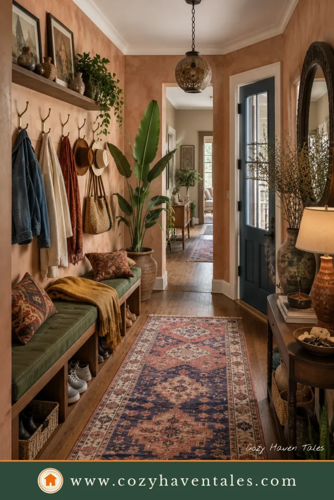 Spacious boho-inspired entryway with an oak bench, wooden coat hooks, woven baskets, mudcloth cushions, rattan mirror, and natural textures.