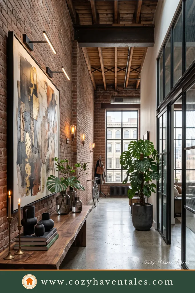 Industrial-inspired Soho loft entryway with exposed brick walls, reclaimed wood console, oversized artwork, and indoor plants.