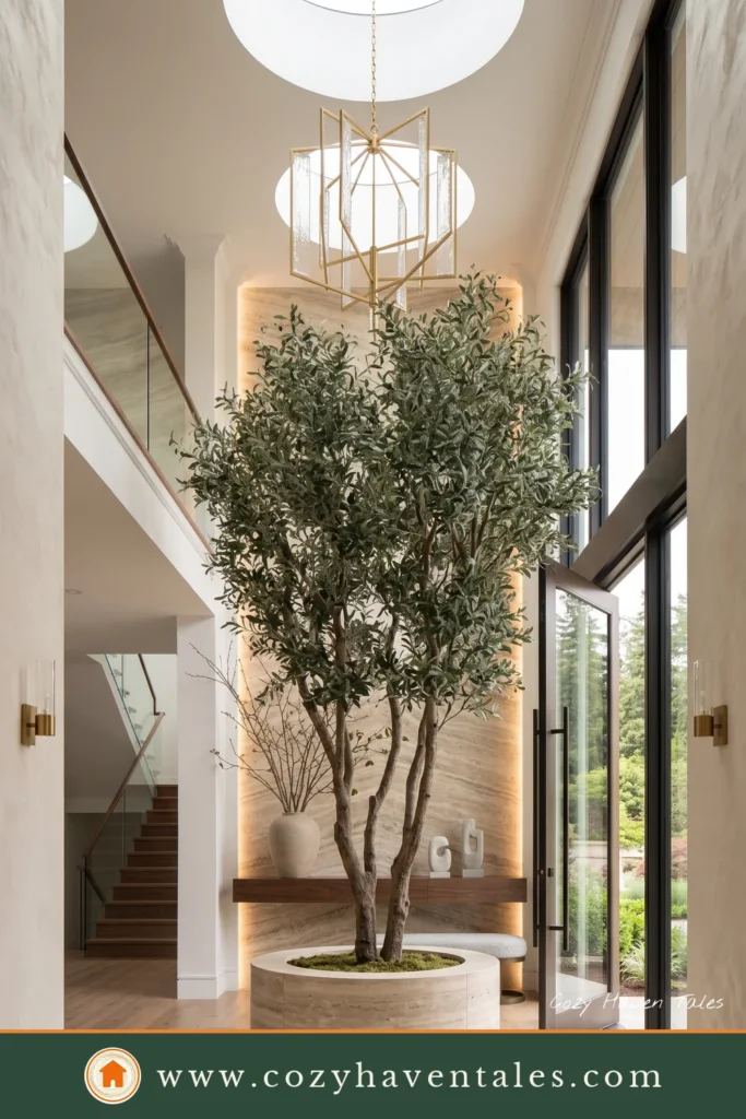 Modern entryway ideas featuring a sweeping curved staircase, travertine console, oversized mirror, and luxury architectural details.