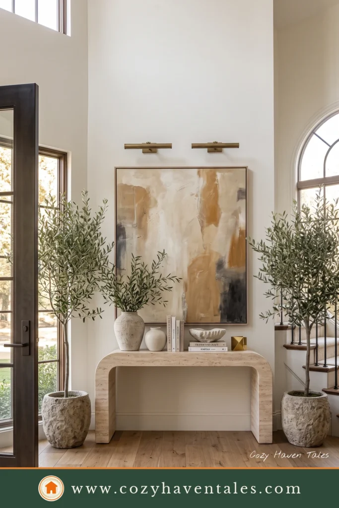 Luxury American foyer featuring a sculptural curved travertine console, oversized abstract artwork, brass picture lights, and olive trees.