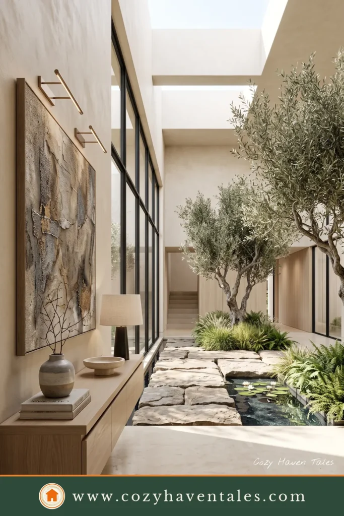 Luxury foyer overlooking an indoor courtyard with olive trees, floating oak console, limestone flooring, and abundant natural light.