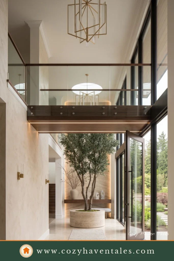 Modern entryway ideas featuring a double-height foyer with an indoor olive tree, a sculptural chandelier, glass railings, and a garden view.