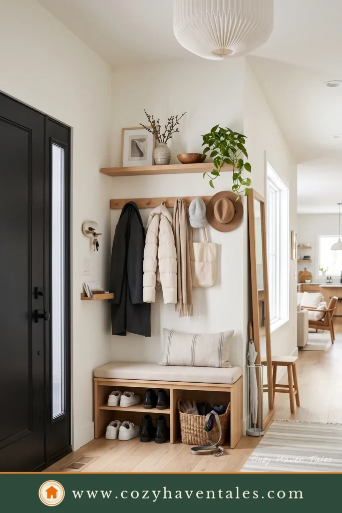 Bright Scandinavian-inspired foyer with an oak bench, peg rail, woven baskets, hidden shoe storage, and minimalist decor.