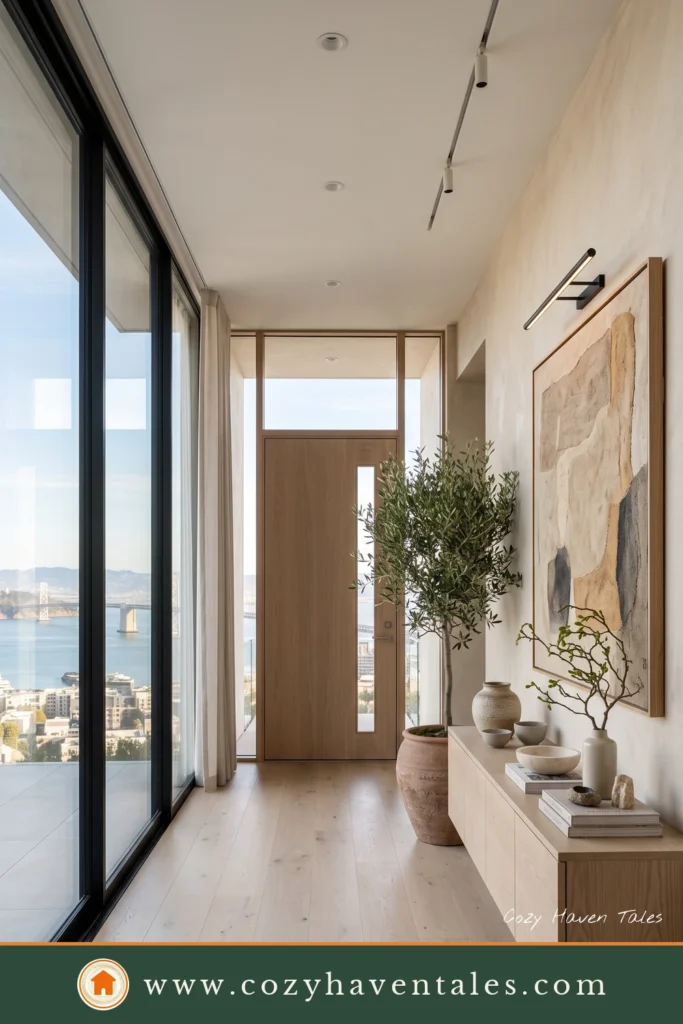 Minimalist luxury foyer featuring a floating travertine console, concealed lighting, sculptural decor, and modern architecture.