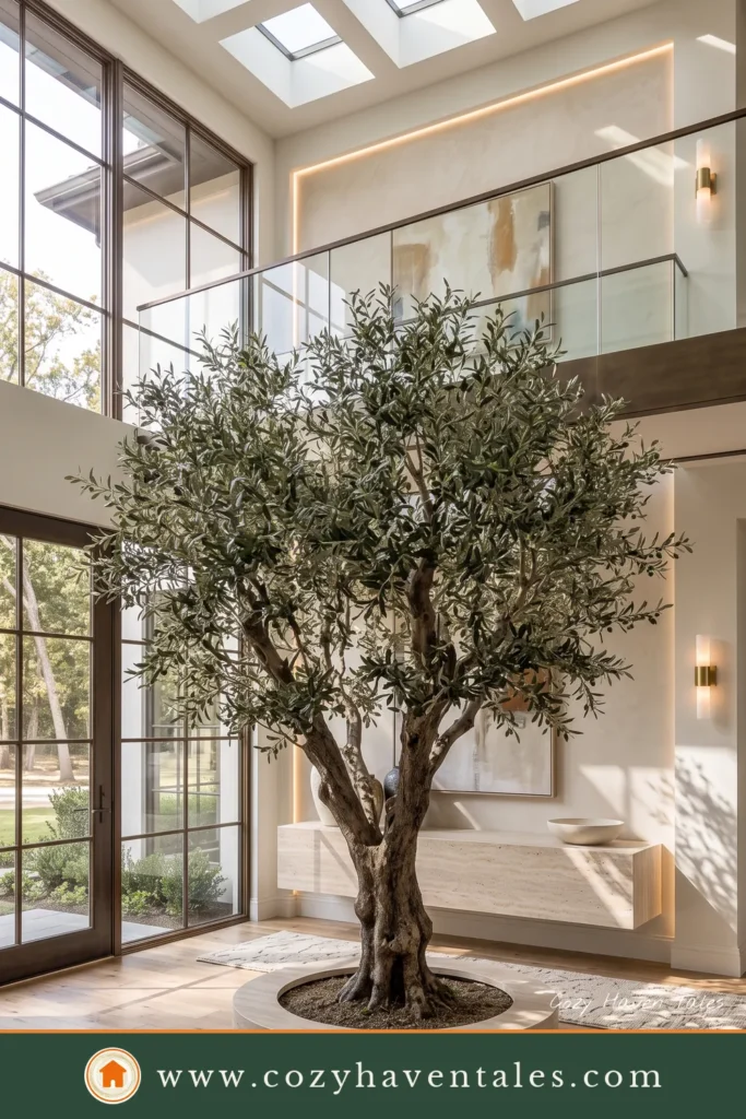Modern entryway ideas showcasing a grand foyer with a mature indoor olive tree, circular stone planter, and organic contemporary styling.