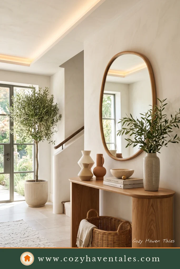 Modern entryway ideas featuring a wood console with a mirror, olive branches, ceramic vases, and a woven basket beside a staircase.