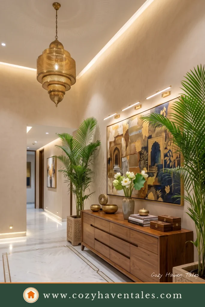Elegant Indian home foyer featuring marble flooring, teak console, modern artwork, brass lighting, and indoor palms.