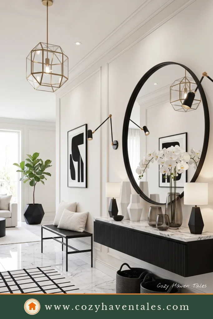 Modern entryway ideas showcasing a black fluted console, marble top, oversized round mirror, and monochrome luxury decor.