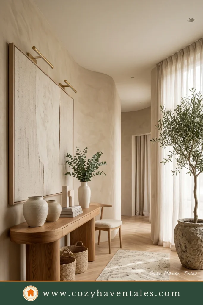 Calm Japandi foyer with curved plaster walls, sculptural oak console, textured artwork, olive tree, and neutral styling.