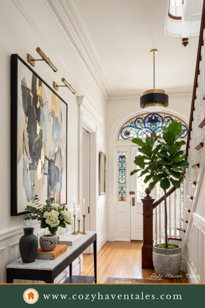 Elegant Victorian foyer featuring original mouldings, stained glass, marble console, oversized artwork, and brass lighting.