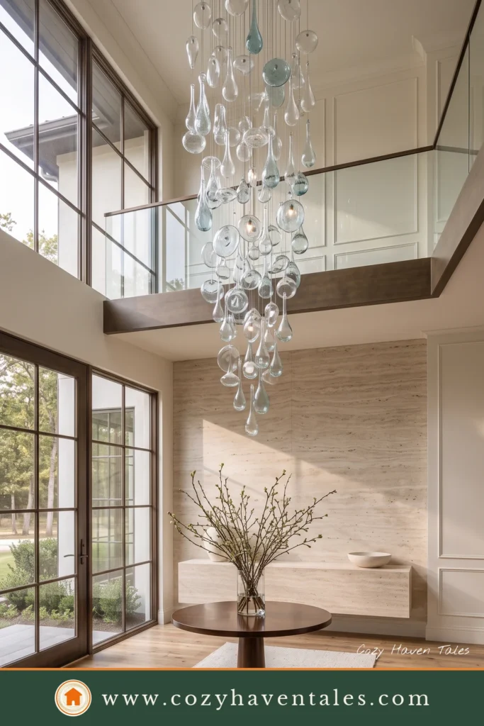 Modern entryway ideas featuring a double-height foyer with a cascading crystal chandelier, a round entry table, and a glass railing.