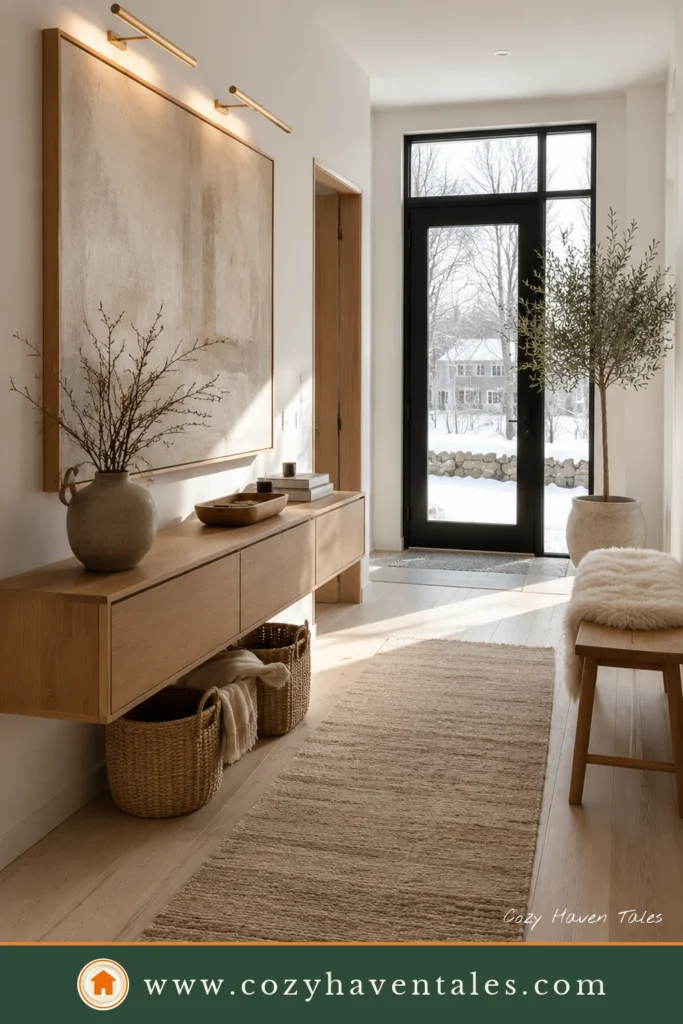 Modern entryway ideas featuring a Japandi foyer with a low oak console, asymmetrical mirror, handcrafted ceramics, and natural textures.