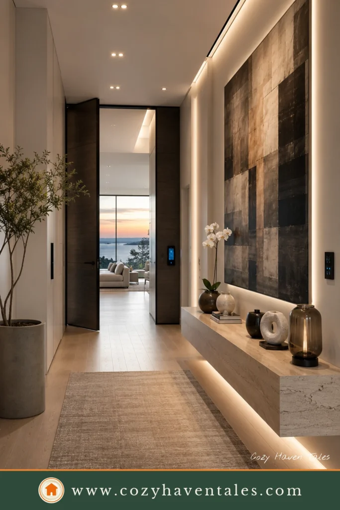 Luxury Tribeca apartment entryway with microcement walls, floating walnut console, abstract artwork, and olive tree.
