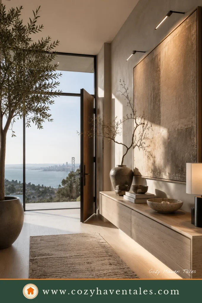 Peaceful Japandi entryway with a floating ash console, textured artwork, olive tree, and panoramic bay views.