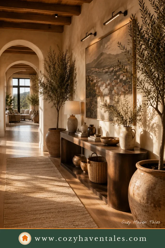 Warm Spanish Revival foyer with graceful arches, walnut console, terracotta planters, exposed beams, and artisan decor.