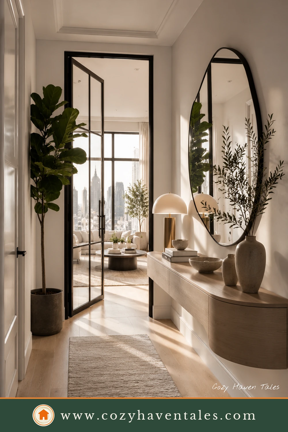 Stylish Manhattan apartment foyer featuring a floating oak console, organic mirror, designer lighting, and warm neutral decor.
