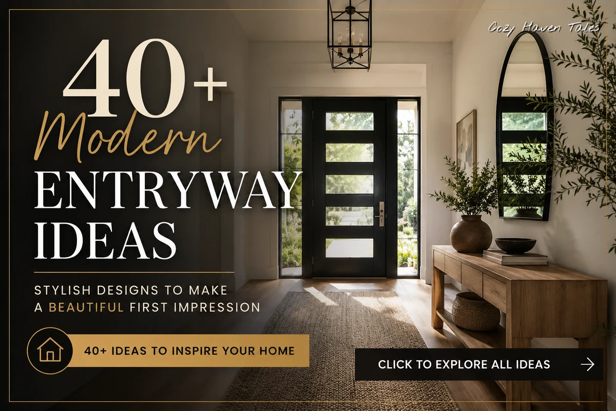 Modern entryway ideas featured in a stylish American home foyer with a black front door, wood console table, arched mirror, natural greenery, and warm neutral decor.