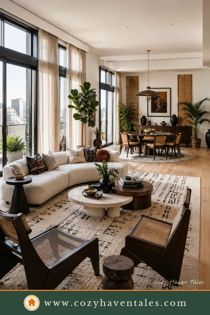 Afrohemian living room ideas in a penthouse apartment with modular sofa, cane chairs, dining lounge, and tall windows.