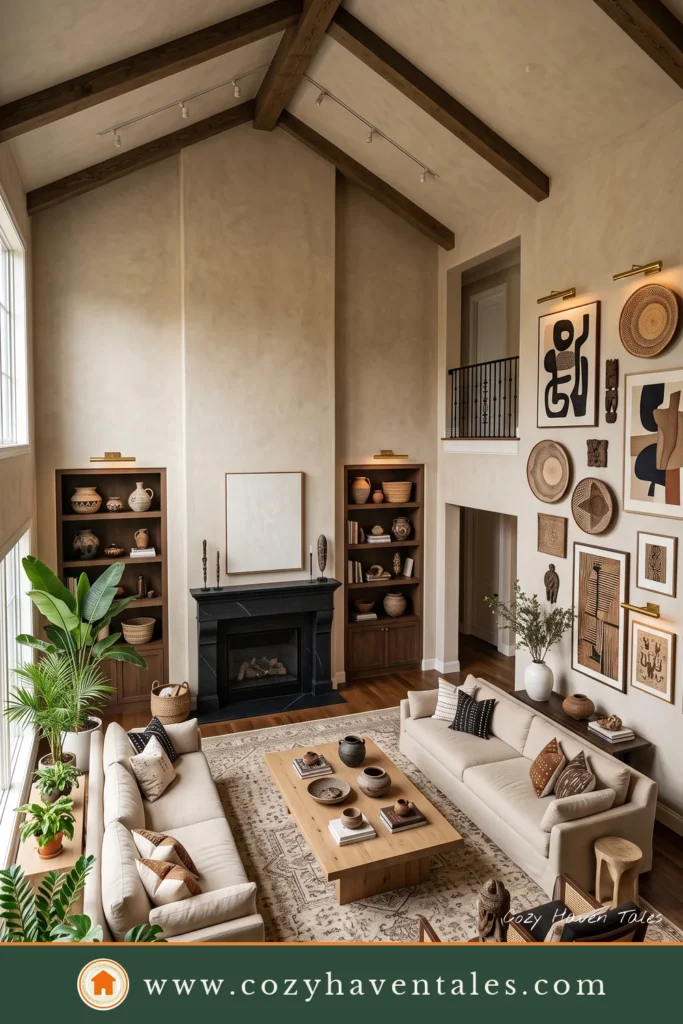 Grand Afrohemian American Living Room with Foyer