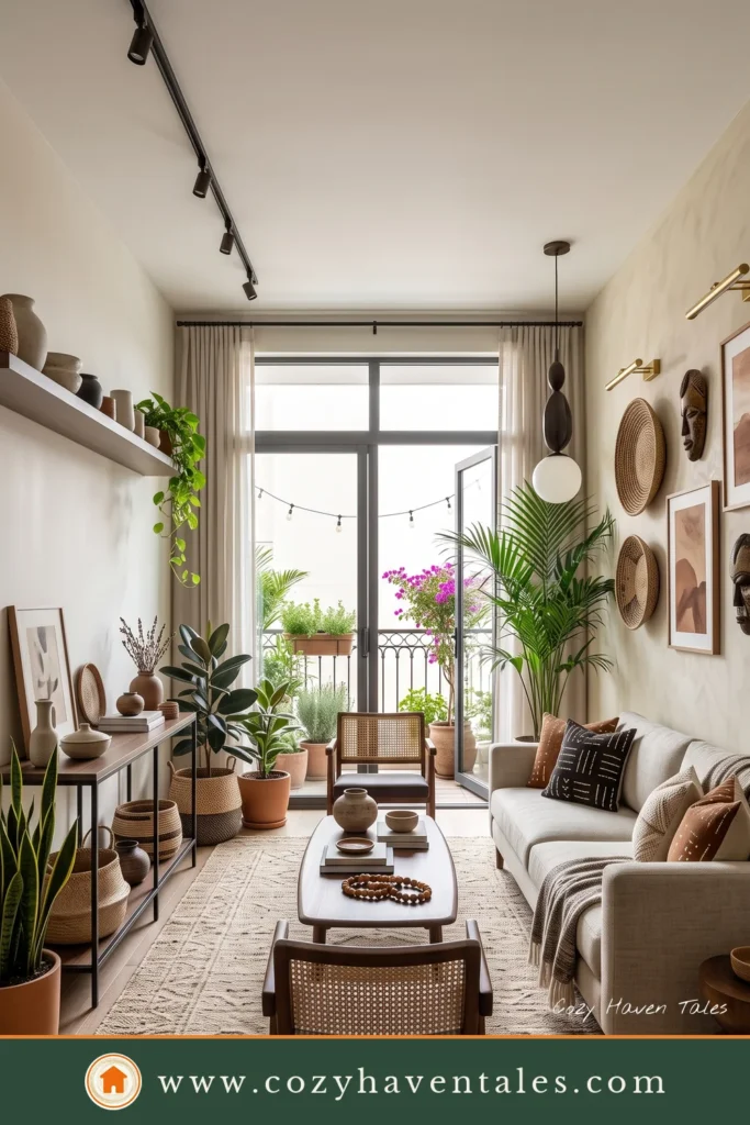 A refined apartment living room with warm Afrohemian textures.