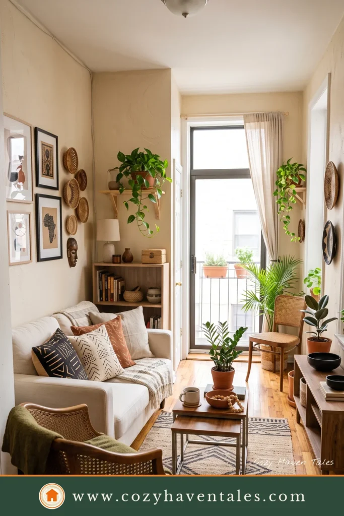 Afrohemian living room ideas for a small studio with loveseat, woven baskets, open shelf, cane chair, and renter-friendly decor.