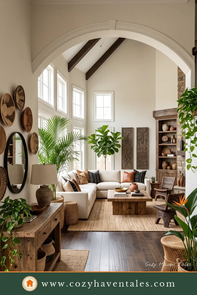 Afrohemian Living Room with Woven Wall Art and Arched Ceiling
