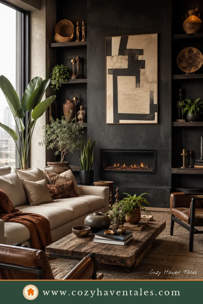 Afrohemian living room ideas with a black fireplace wall, leather chairs, reclaimed wood coffee table, and layered plants.